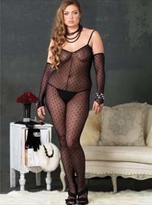 Plus Size Daisy Lace Crotchless Bodystocking Attached Sleeves